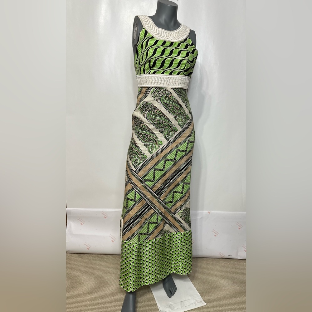 Calypso St. Barth Green Beaded Linen & Silk shift long Dress size 0